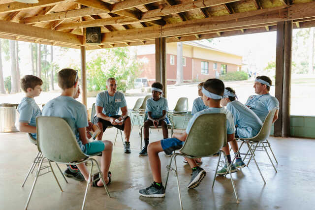 group of middle school boys at camp with small group leader